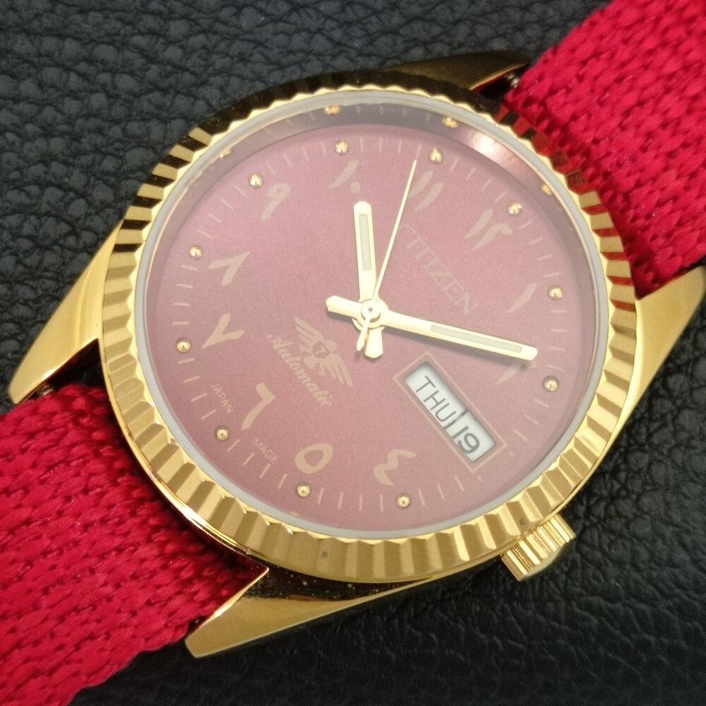 Vintage 1987 Citizen Automatic Mens Gold Watch W/daydate & Red accents - Picture 6 of 10
